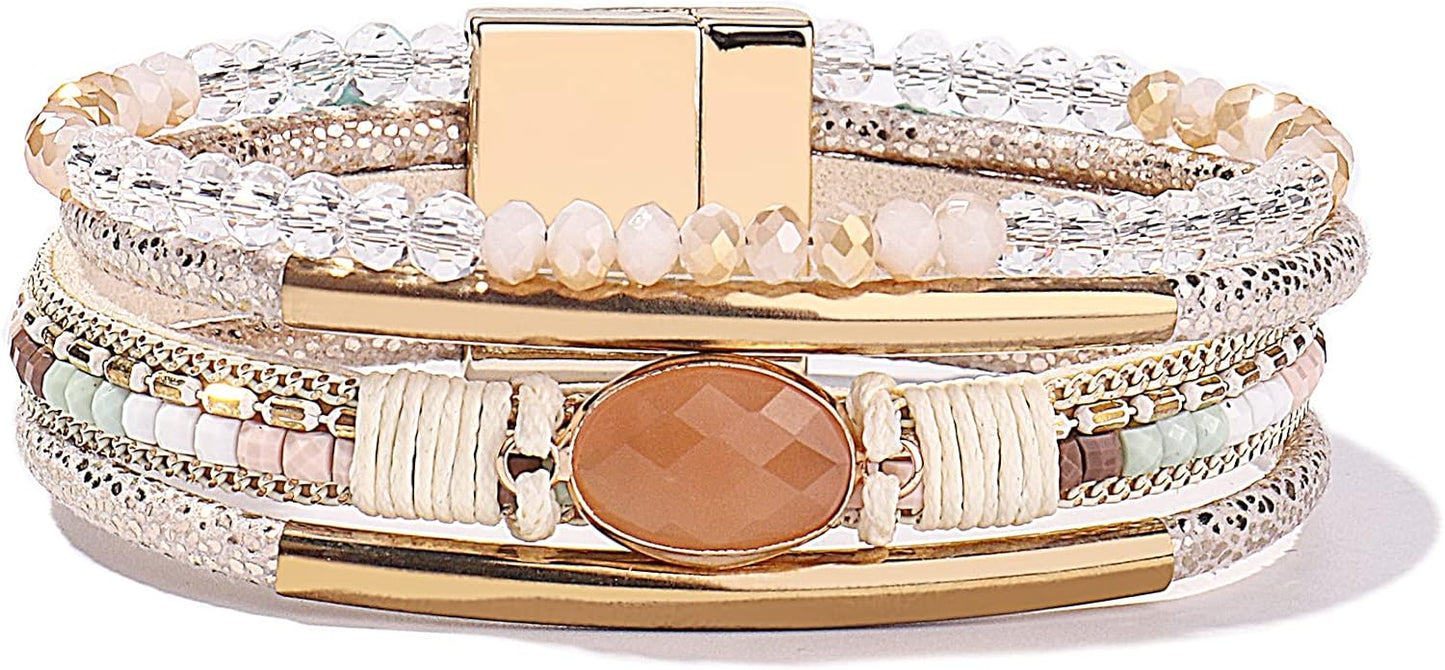 Leather Wrap Bracelets Crystal Beads Bracelet Boho Cuff Stone Charm Bracelets with Clasp Costume Jewelry for Women