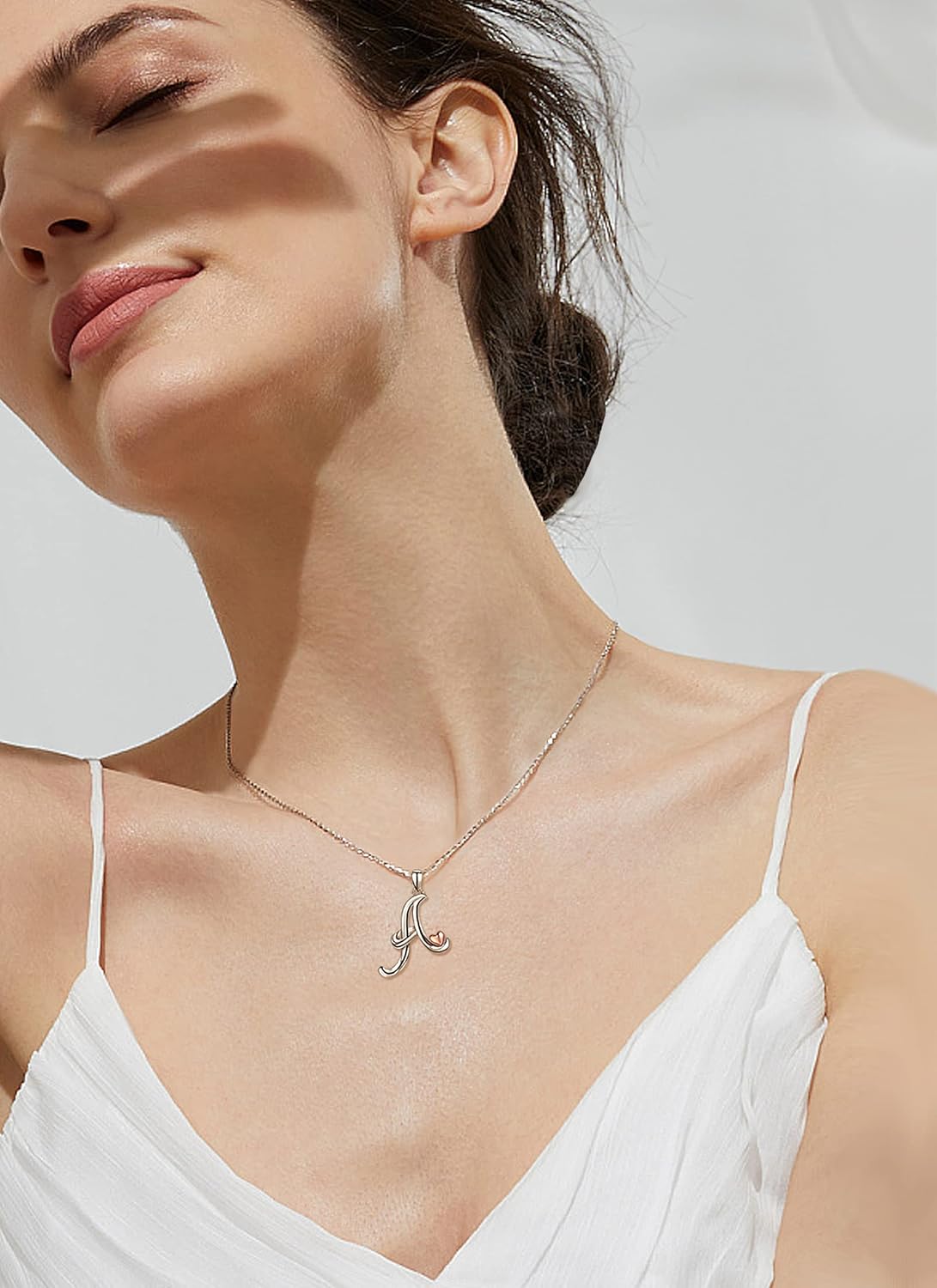 925 Sterling Silver Initial Necklaces 26 Letter with Rose Gold Heart - 18 Inch Chain