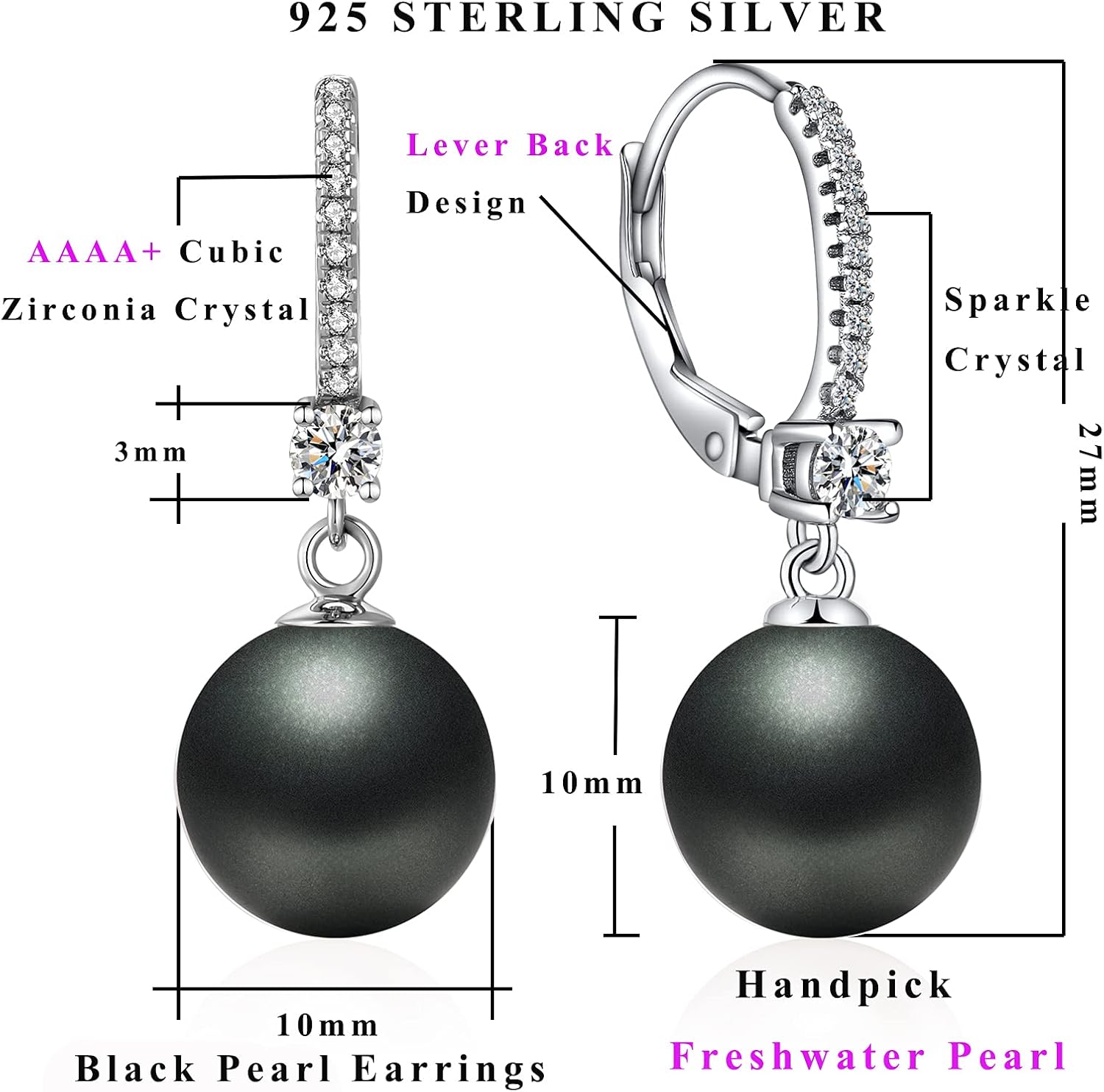 Pearl Dangle Earrings 925 Sterling Silver Pearl Earrings for Women 10Mm White/Black Pearls