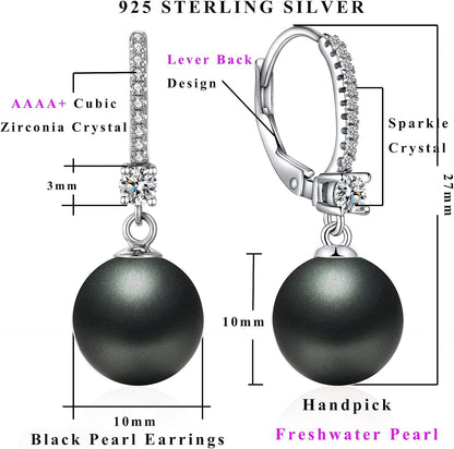 Pearl Dangle Earrings 925 Sterling Silver Pearl Earrings for Women 10Mm White/Black Pearls