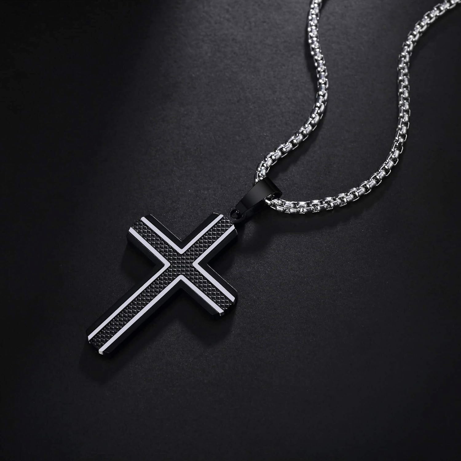 Men'S Stainless Steel Cross Necklace,Two-Tone Black & Blue Carbon Fiber Pendant - Included Gift Box