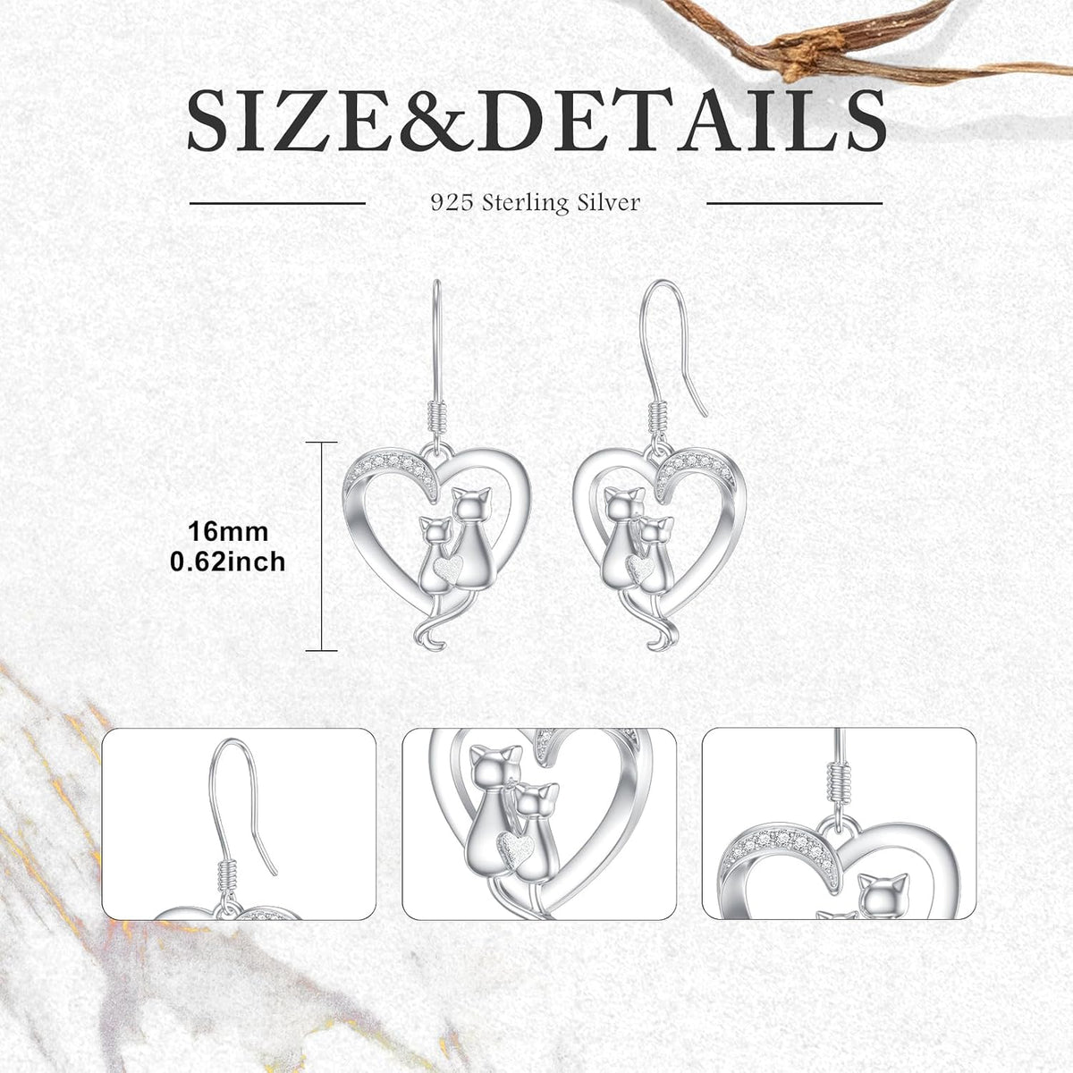 Diamond Cat Heart Drop Earrings – 925 Sterling Silver, 0.05 CT