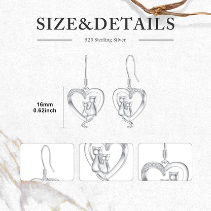 Diamond Cat Heart Drop Earrings – 925 Sterling Silver, 0.05 CT