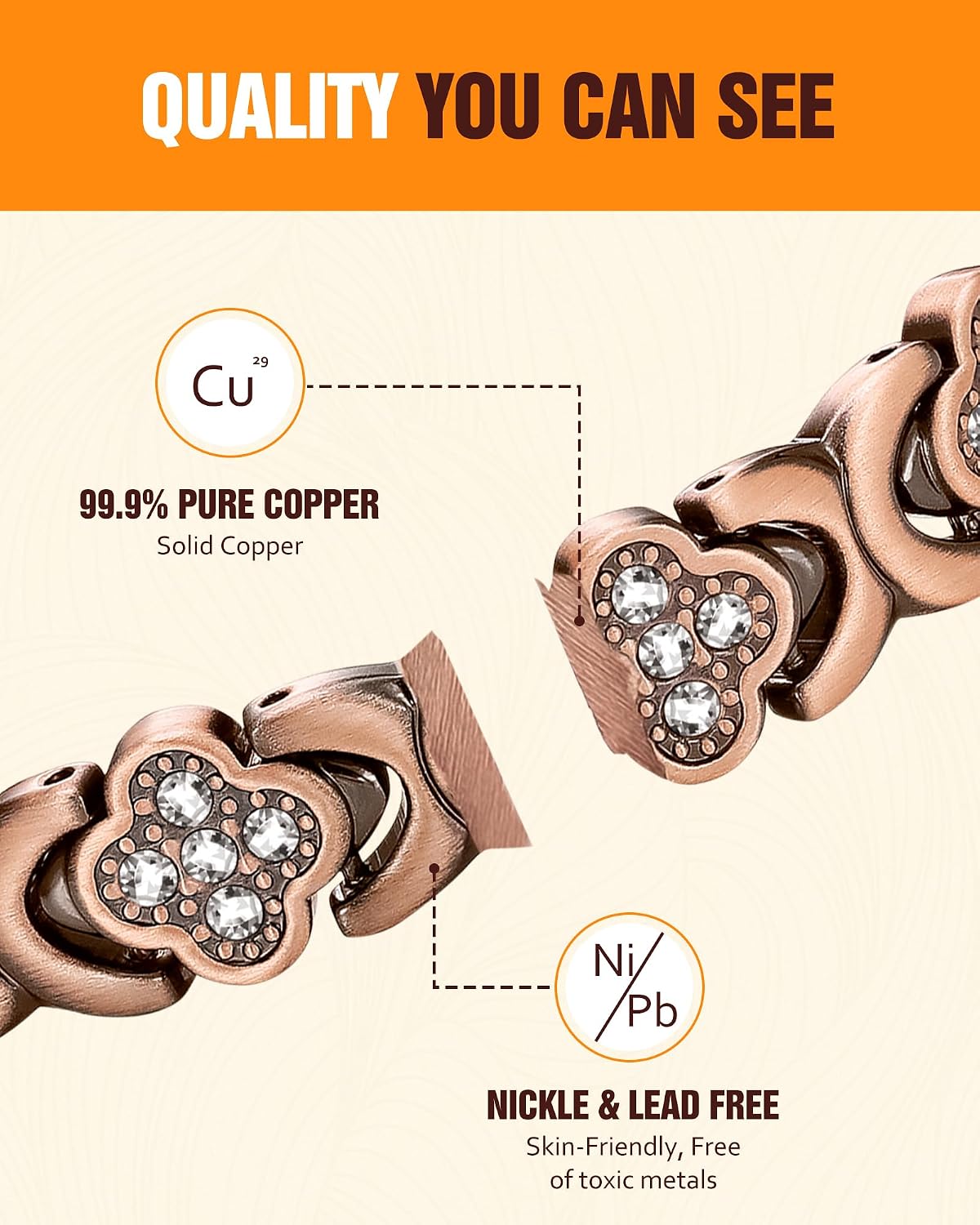 Pure Copper Bracelet for Women, Ultra Strength Magnetic Therapy Bracelets with 3800 Gauss Magnets，Four-Leaf Clover Jewelry