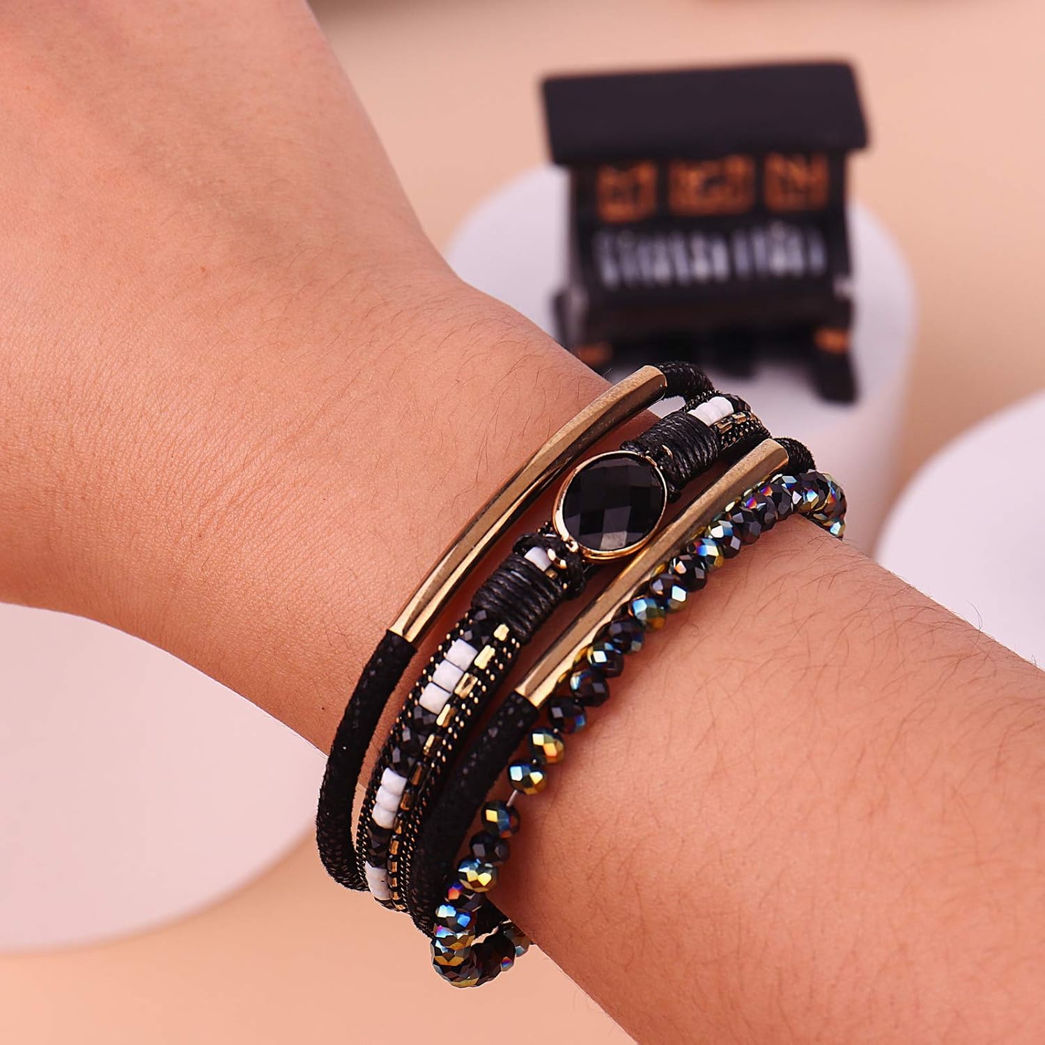 Leather Wrap Bracelets Crystal Beads Bracelet Boho Cuff Stone Charm Bracelets with Clasp Costume Jewelry for Women