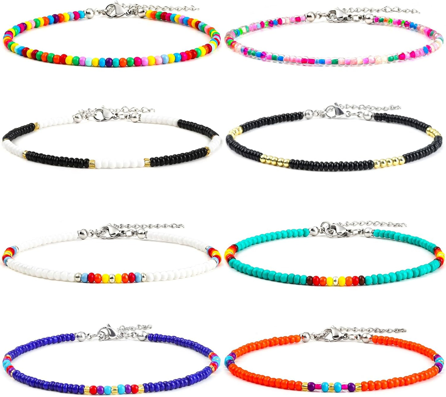 8Pcs Handmade Beaded Anklets for Women Boho Colorful Beads Ankle Bracelets Adjustable Foot Anklet Set