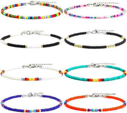 8Pcs Handmade Beaded Anklets for Women Boho Colorful Beads Ankle Bracelets Adjustable Foot Anklet Set