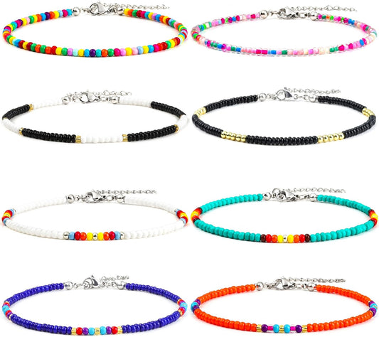 8Pcs Handmade Beaded Anklets for Women Boho Colorful Beads Ankle Bracelets Adjustable Foot Anklet Set