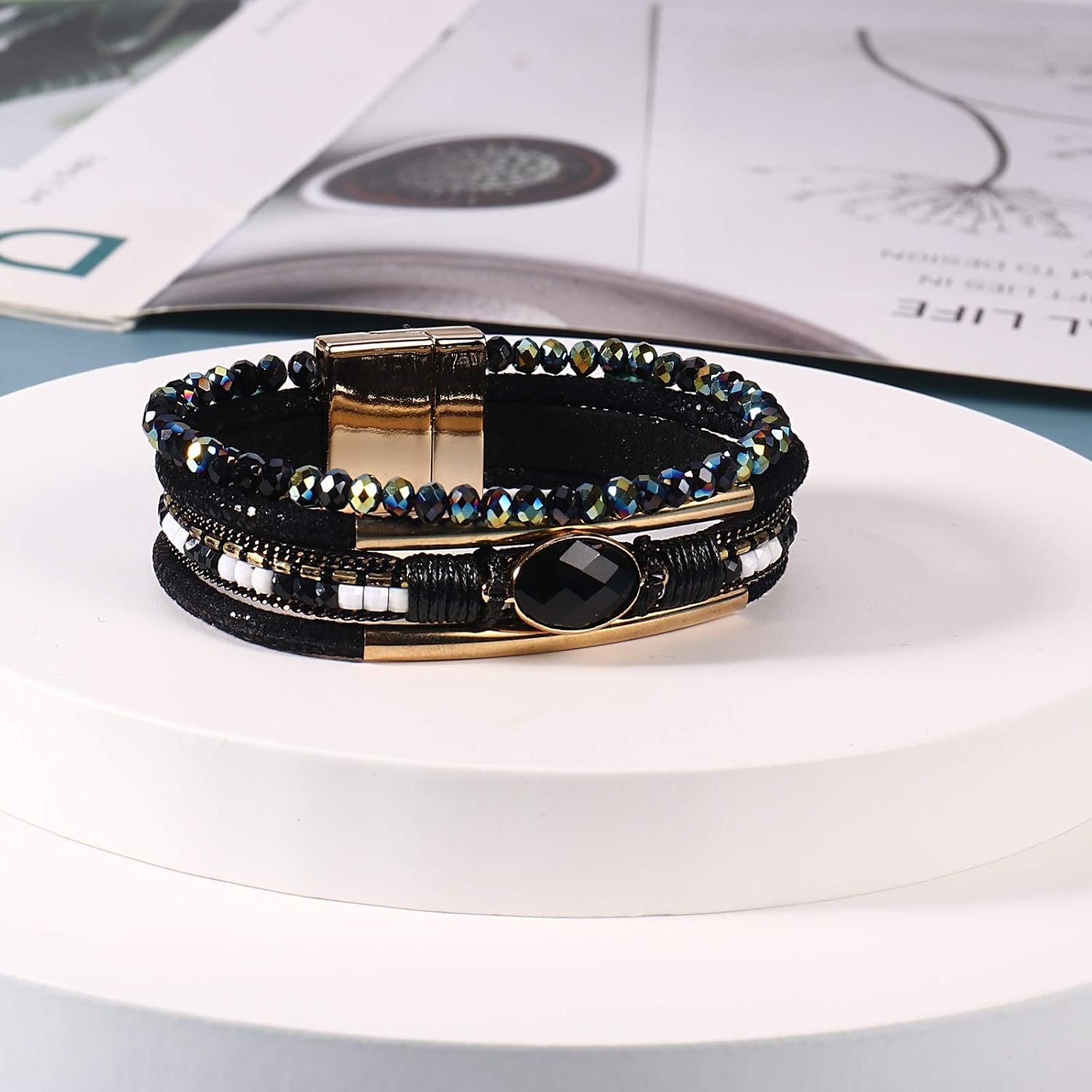 Leather Wrap Bracelets Crystal Beads Bracelet Boho Cuff Stone Charm Bracelets with Clasp Costume Jewelry for Women