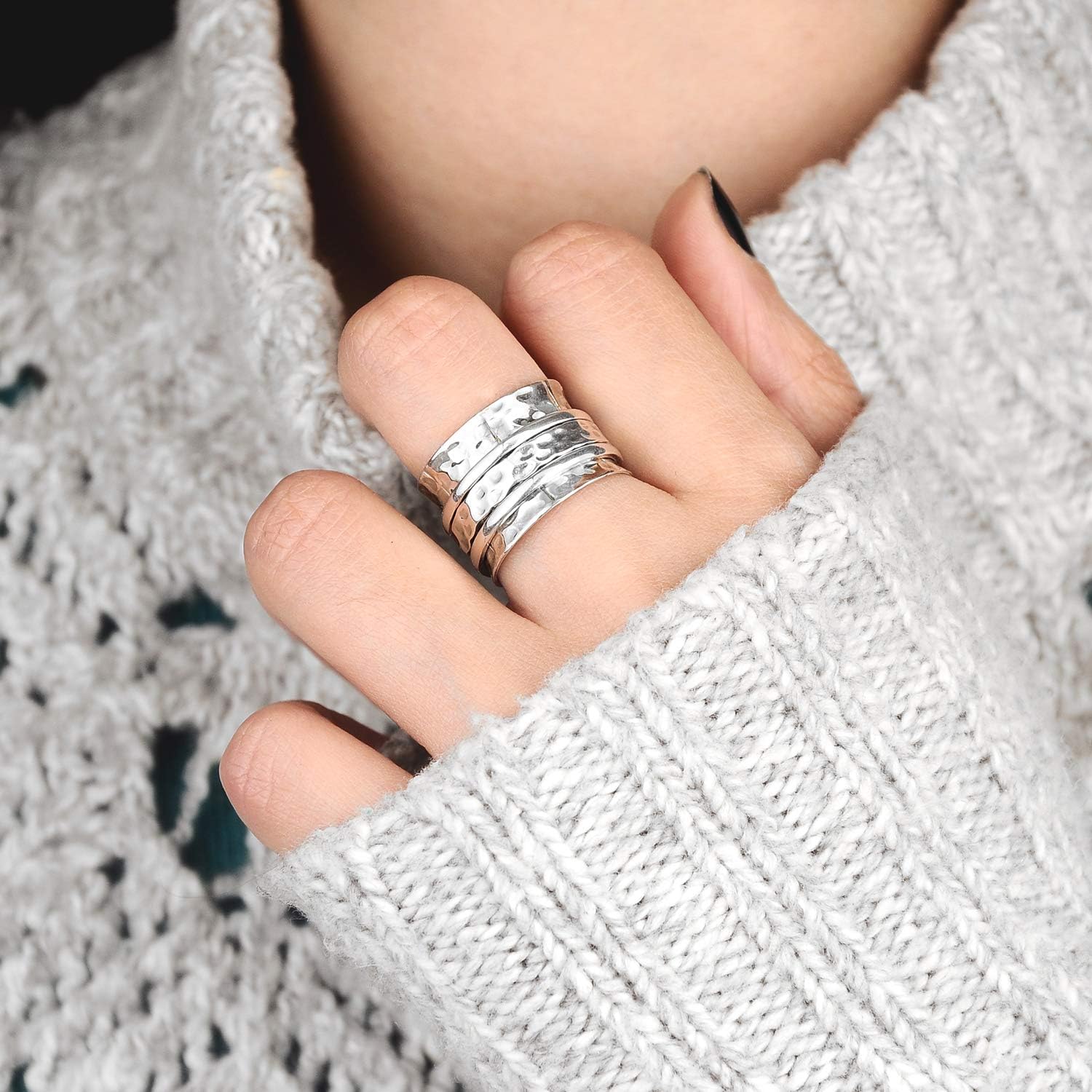 925 Sterling Silver Spinner Ring for Women Hammered Wide Fidget Ring Band