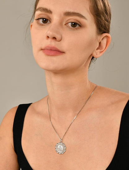 St Christopher Necklace Solid 925 Sterling Sliver Engraved Pendant round Religious Talisman Jewelry for Women