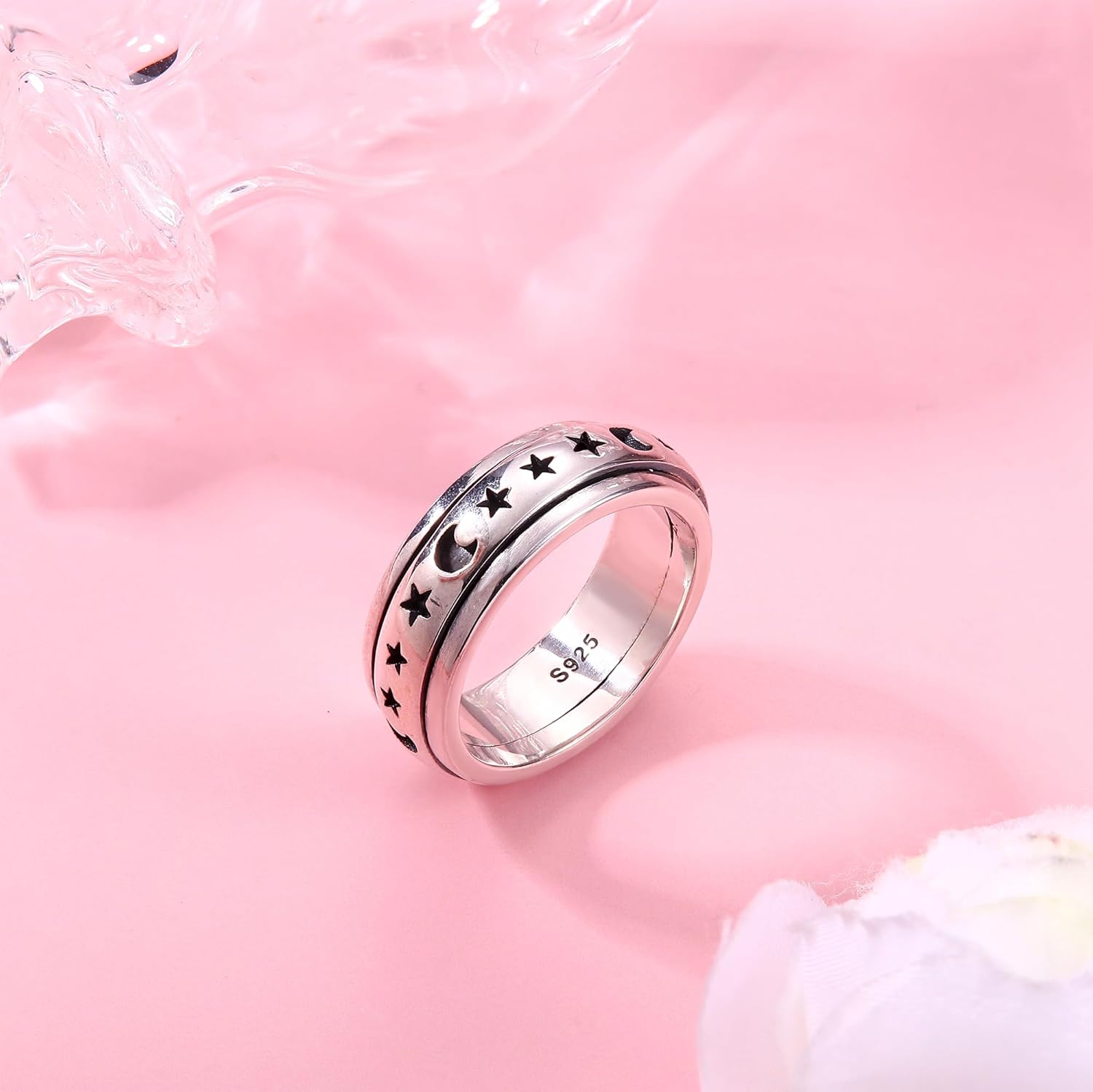 925 Sterling Silver Anxiety Ring for Women Men Platinum Plated Sterling Silver Band Fidget Ring Cross Flower Moon Star Spinner Ring Stress Anxiety Relief Item