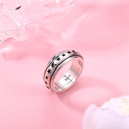 925 Sterling Silver Anxiety Ring for Women Men Platinum Plated Sterling Silver Band Fidget Ring Cross Flower Moon Star Spinner Ring Stress Anxiety Relief Item