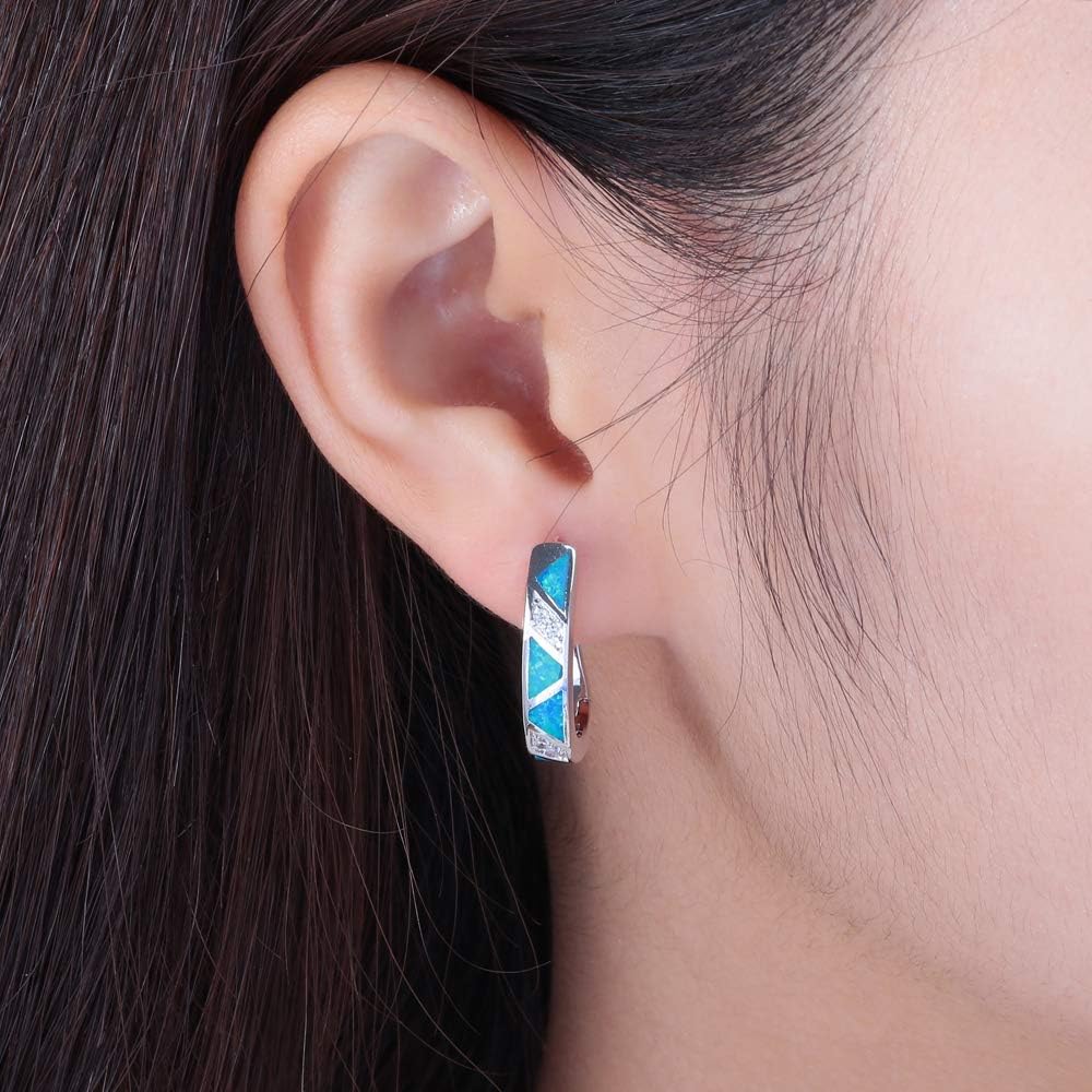 Womens Hoop Earrings White Gold Plated Opal Huggie Earrings Gemstone Jewelry Gift