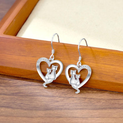 Diamond Cat Heart Drop Earrings – 925 Sterling Silver, 0.05 CT