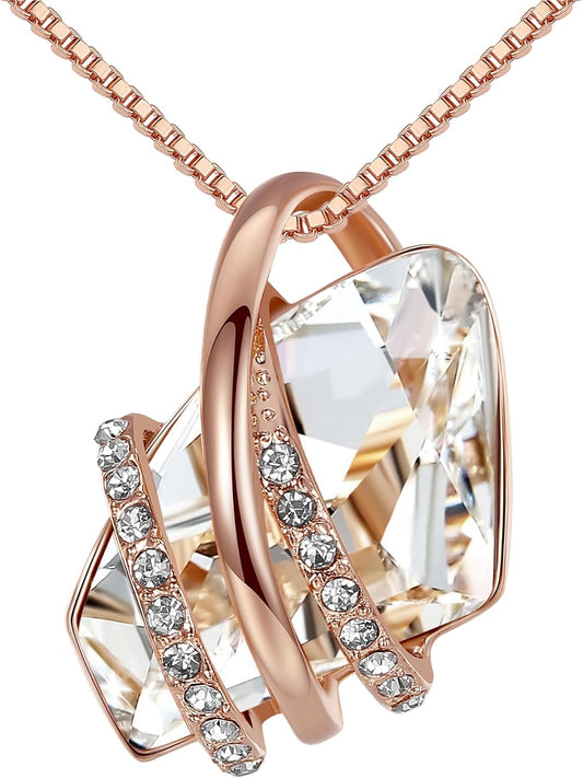 Wish Stone Pendant Necklace with Birthstone Crystal, 18K Rose Gold Plated/Silvertone, 18" + 2"