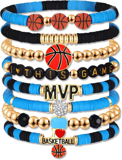 Blue & Black Basketball Beaded Friendship Bracelets: 8-Piece Set
