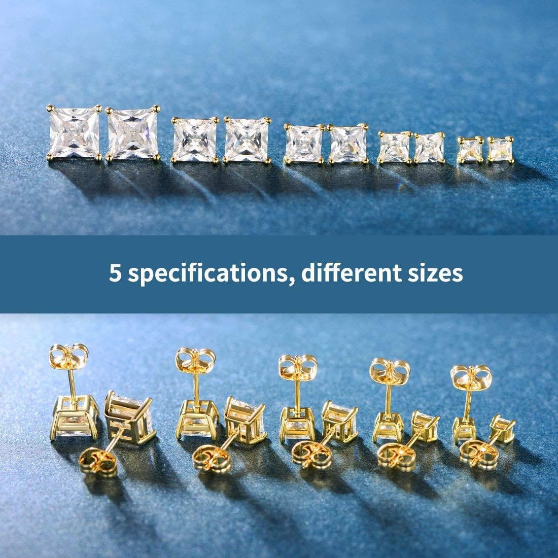 5 Pairs 14K Yellow Gold Plated Princess Cut Clear Cubic Zirconia Stud Earring Set for Women Men