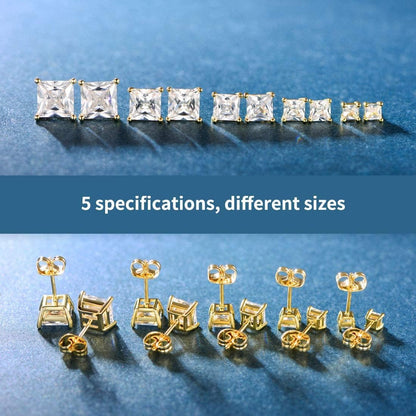 5 Pairs 14K Yellow Gold Plated Princess Cut Clear Cubic Zirconia Stud Earring Set for Women Men