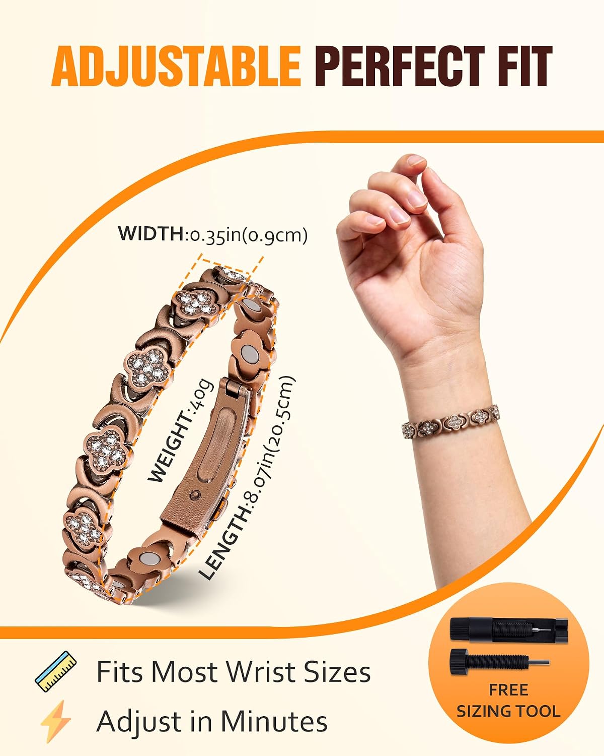 Pure Copper Bracelet for Women, Ultra Strength Magnetic Therapy Bracelets with 3800 Gauss Magnets，Four-Leaf Clover Jewelry