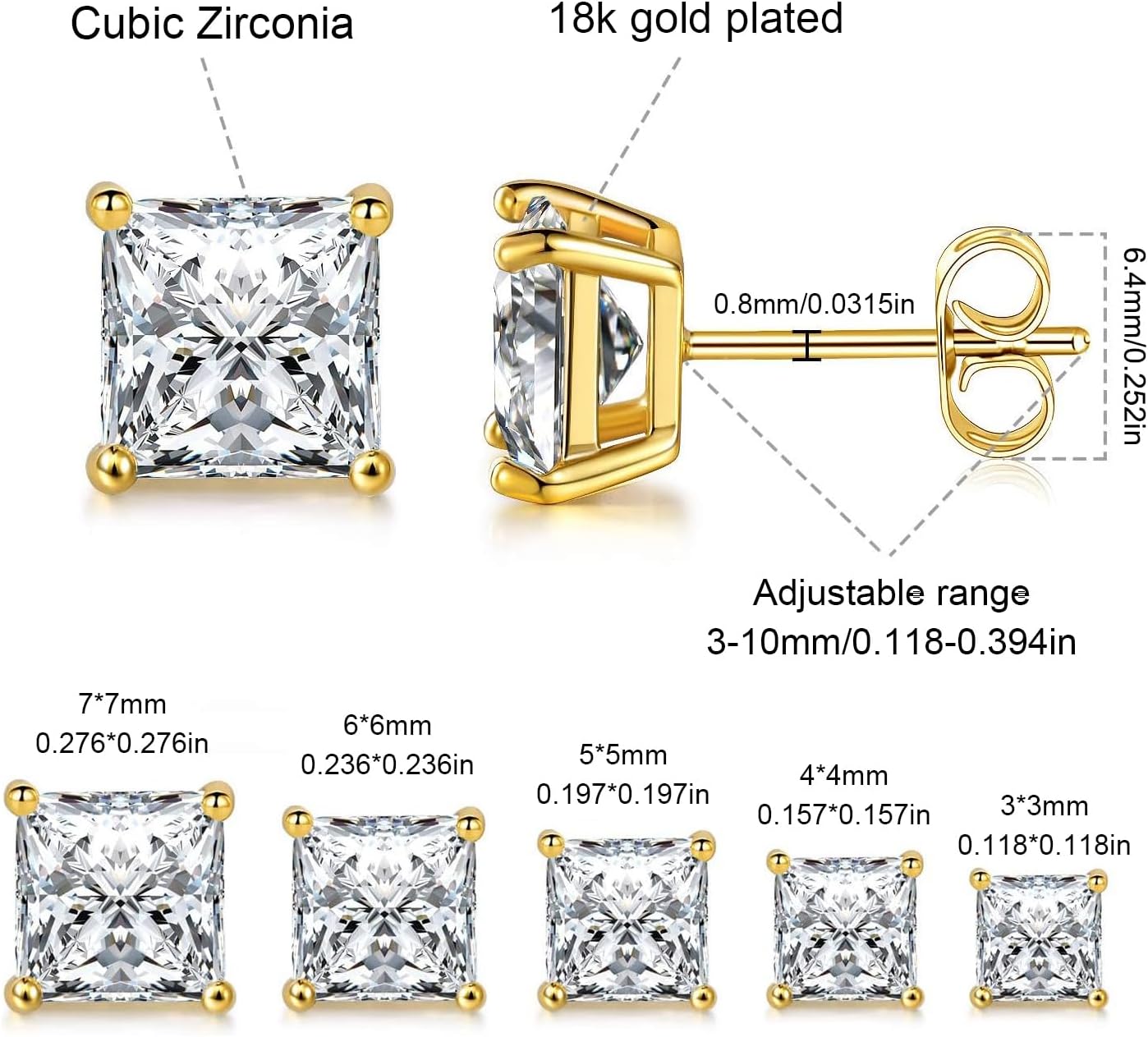 5 Pairs 14K Yellow Gold Plated Princess Cut Clear Cubic Zirconia Stud Earring Set for Women Men