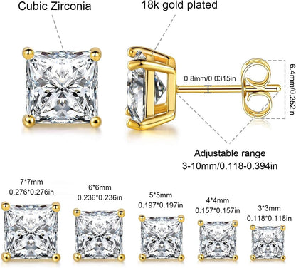5 Pairs 14K Yellow Gold Plated Princess Cut Clear Cubic Zirconia Stud Earring Set for Women Men