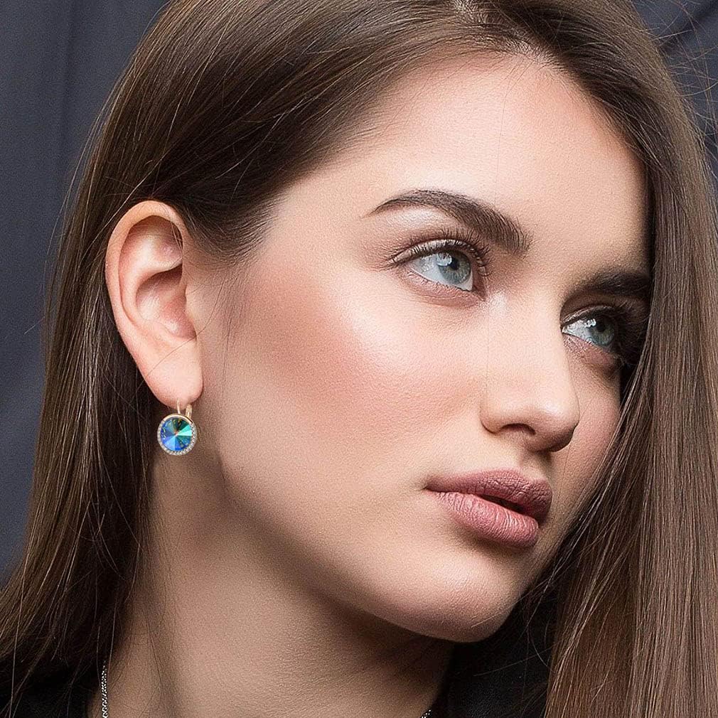 Round Austrian Crystal Halo Drop Leverback Earrings for Women 14K Gold Plated Hypoallergenic Earrings