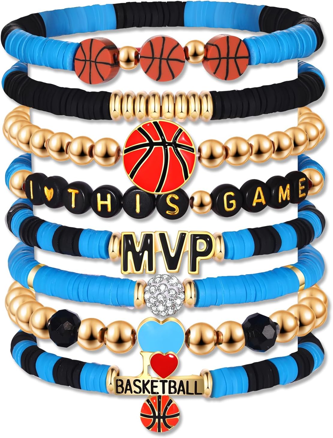 Blue & Black Basketball Beaded Friendship Bracelets: 8-Piece Set