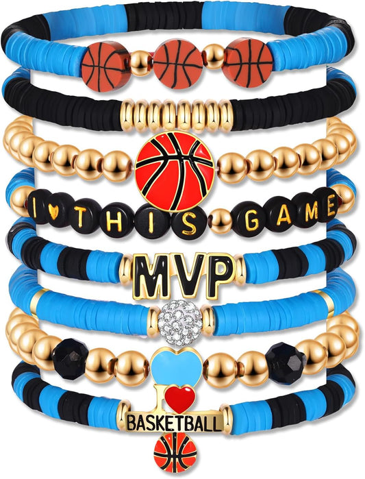 Blue & Black Basketball Beaded Friendship Bracelets: 8-Piece Set