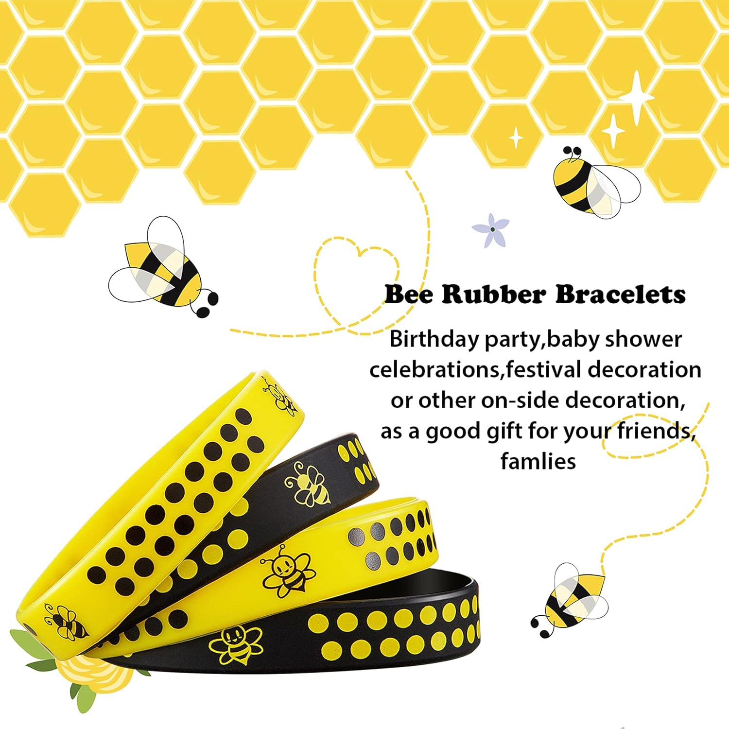 60 Pieces Bee Rubber Bracelets Bulk Bee Theme Party Favors Silicone Wristbands Black and Yellow Color Stretch Bracelets for Boy Girl Costume Accessories Birthday Baby Shower Party Supplies