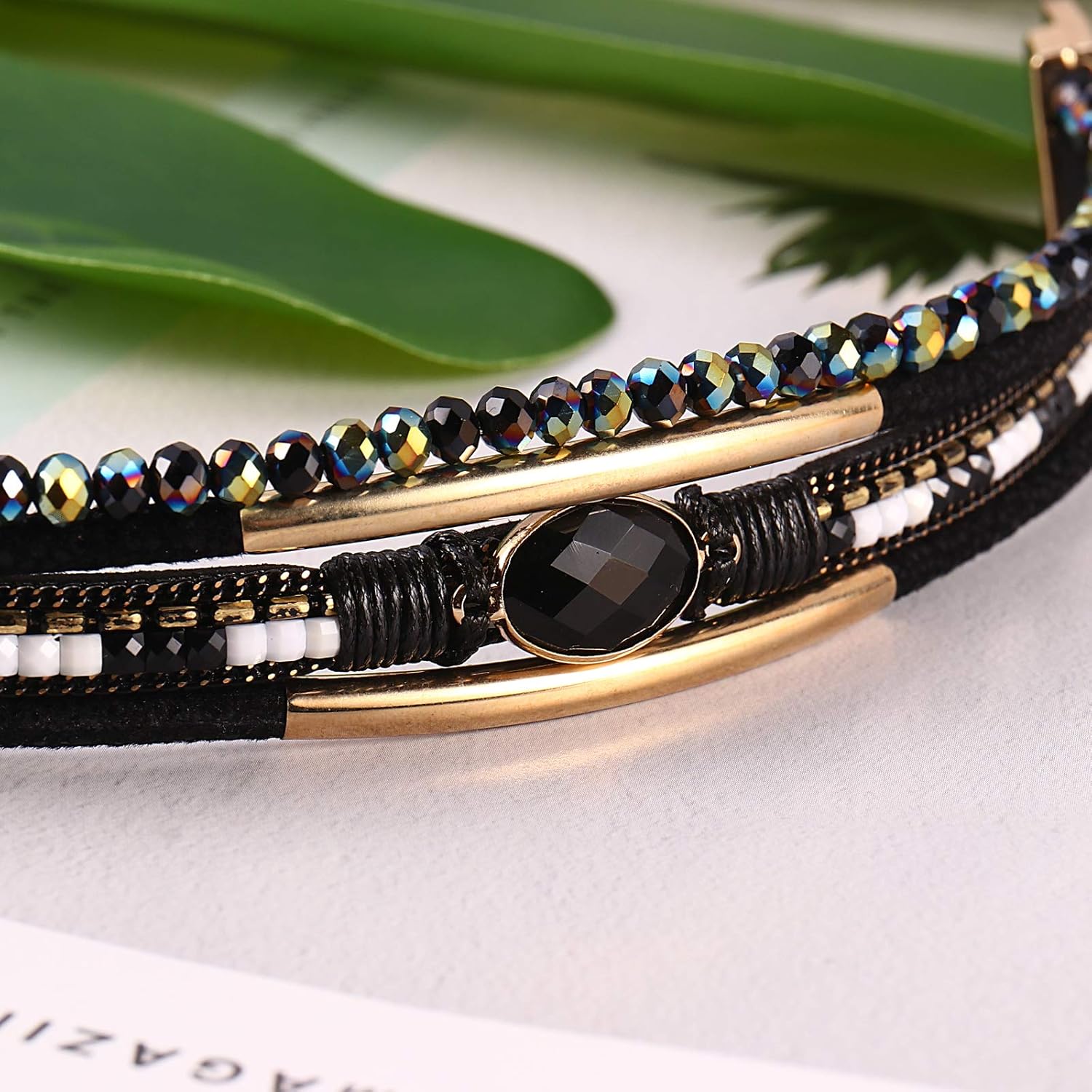 Leather Wrap Bracelets Crystal Beads Bracelet Boho Cuff Stone Charm Bracelets with Clasp Costume Jewelry for Women