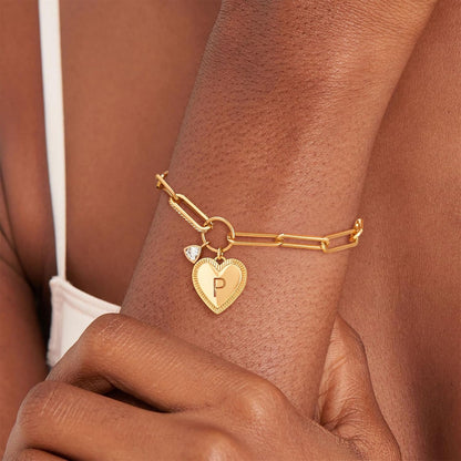 Gold Paperclip Bracelet, 18K Gold Plated Heart Initial Oval Link Bracelet Dainty Handmade Letter Charm Bracelet for Women Jewelry