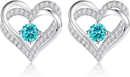 Forever Love Heart Stud Earrings for Women, 925 Sterling Silver Birthstone Heart Stud Earrings Mother'S Day Gift Anniversary Birthday Jewelry Gifts for Women Wife Her