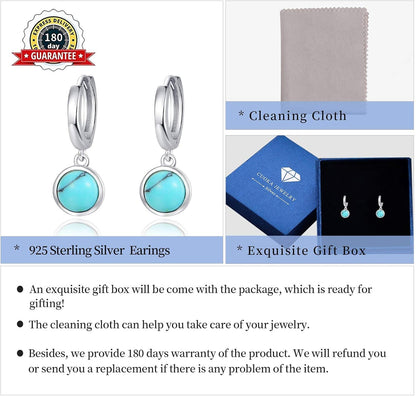 Turquoise Small Hoops Earrings, 925 Sterling Silver round Shape Huggie Hypoallergenic for Sensitive Ears, Turquoise Jewelry for Women Mom Wife Girlfriend with Box