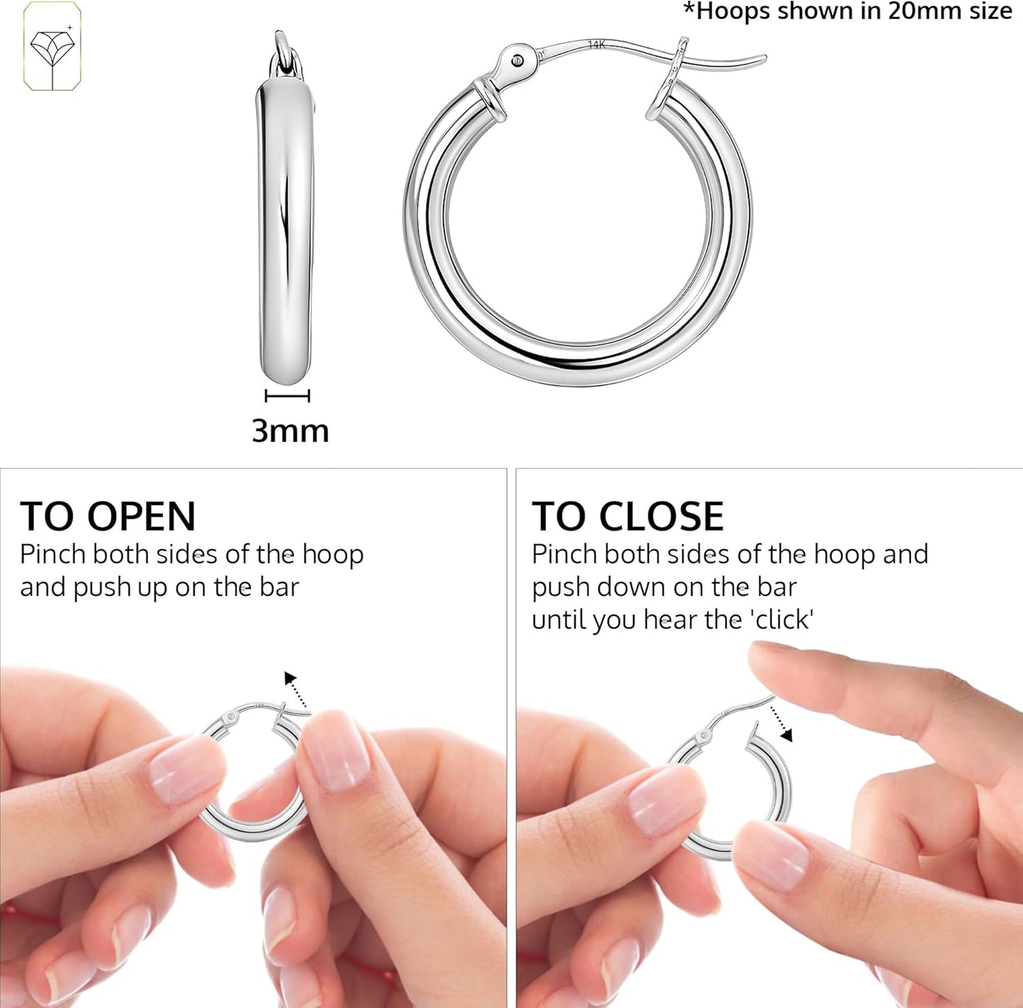 14K Gold Hoop Earrings for Women | Hypoallergenic 20MM, 25MM and 30MM Tube Hoop Earrings with Secure Click Tops |14K Yellow Gold or White Gold Classic Hoop Earrings in 3MM Thick Tube by