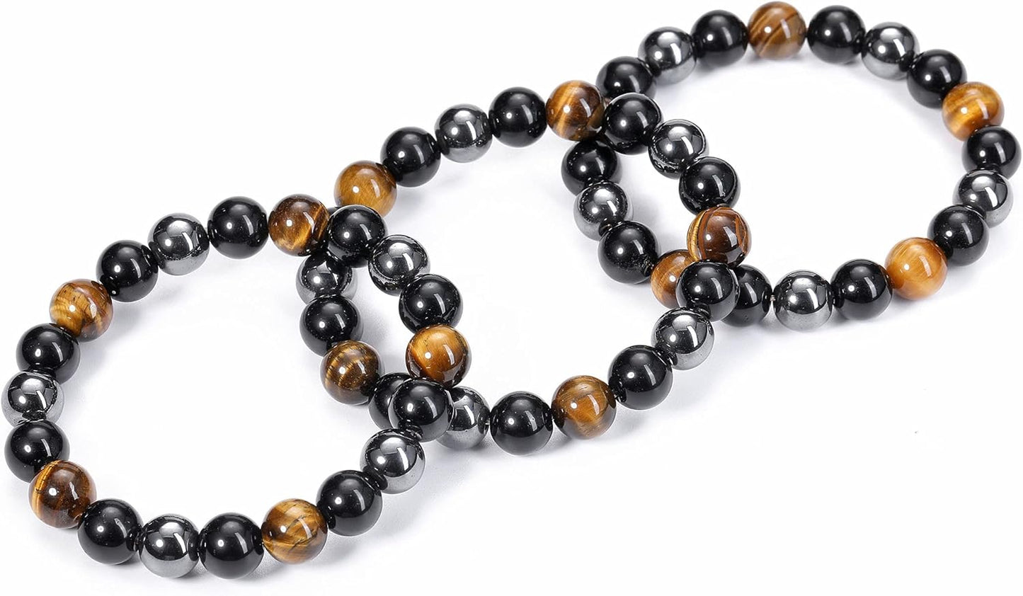 Hematite Black Obsidian Tiger Eye Stone Bracelets for Men Women 10Mm Natural round Gemstone Beads Beaded Healing Crystal Bracelet for Protection, Good Luck