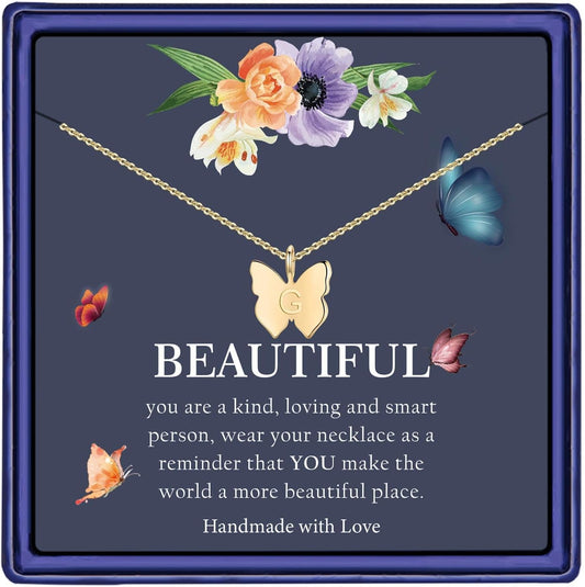 Initial Butterfly Necklace for Girls Gifts, 14K Gold/Silver/Rose Gold Filled Dainty Butterfly Pendant Choker Necklace Initial Butterfly Necklace Birthday Gifts for Girls