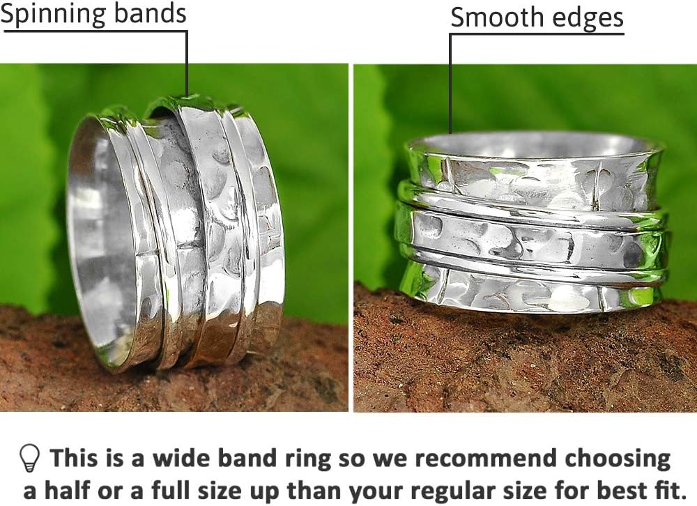 925 Sterling Silver Spinner Ring for Women Hammered Wide Fidget Ring Band