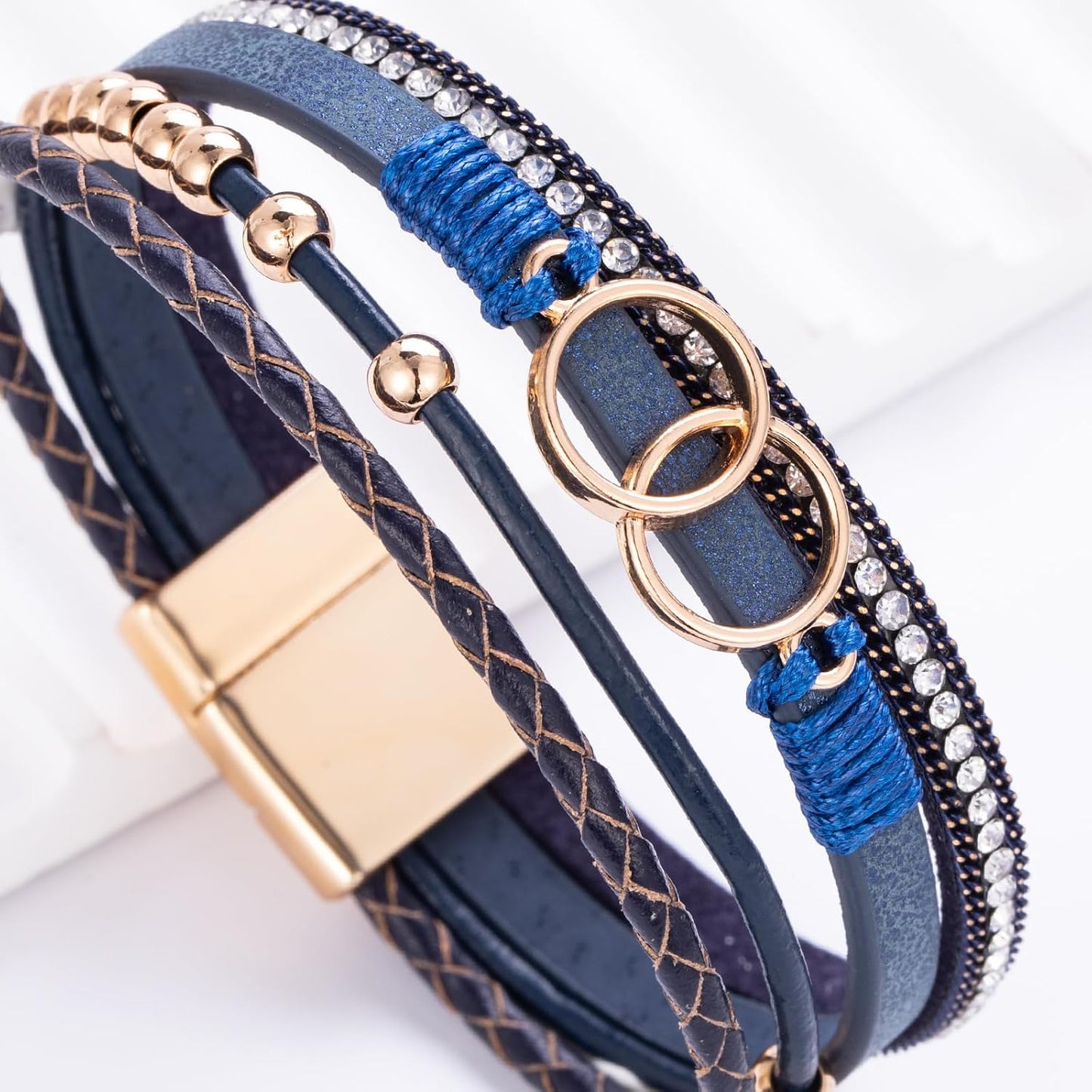 Boho Wrap Bracelets Leather Cuff Bangle Gold Beaded Bracelets for Women Stackable Infinity Bracelets Jewelry Gift Mom with Magnetic Clasp