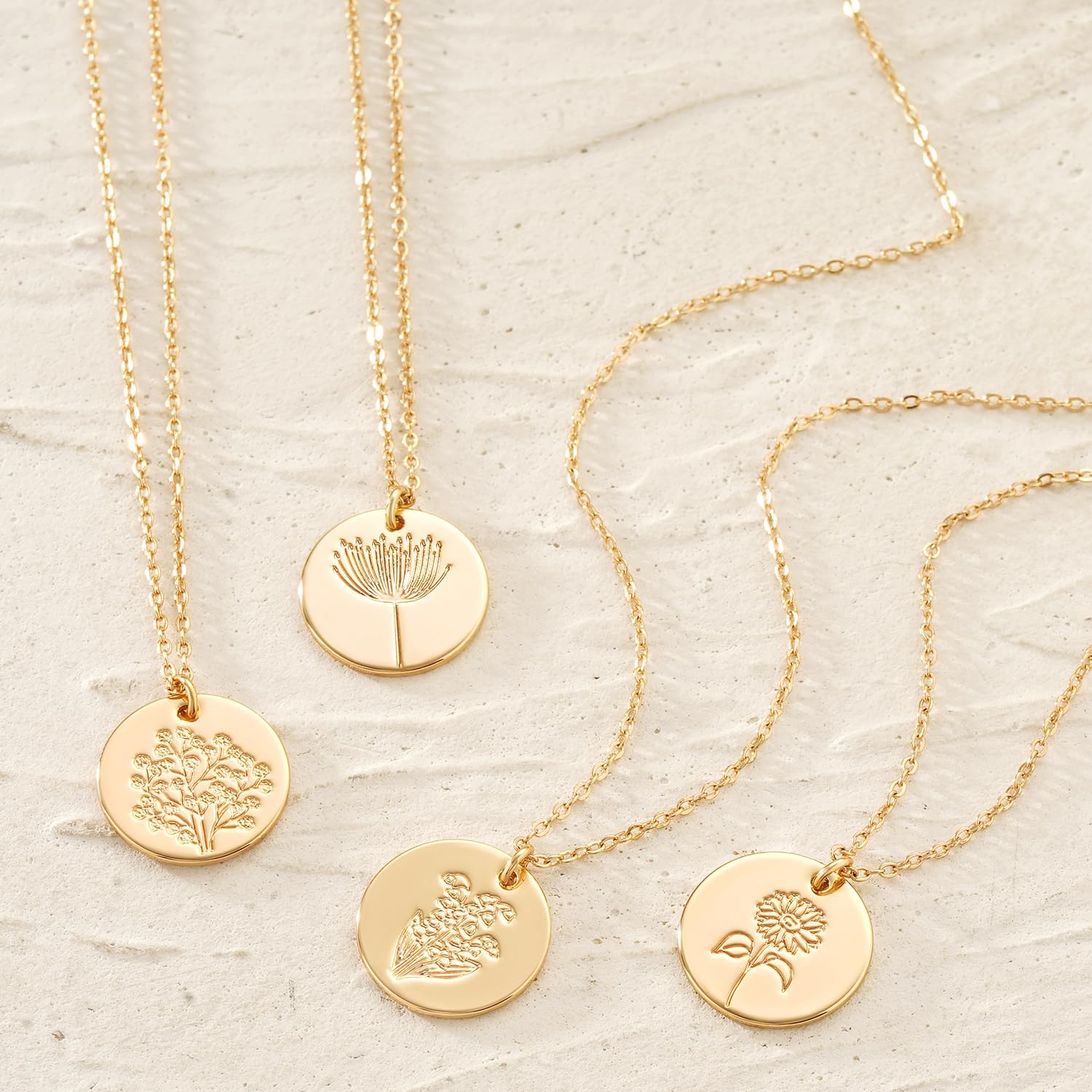 Women Birth Flower Necklace Gold Coin Engraved Disc 12 Month Flower Bouquet Pendant 14K Gold Plated Dainty Chain Personalized Floral Jewelry Birthday Gift