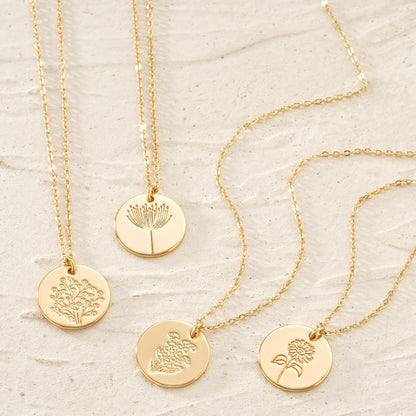 Women Birth Flower Necklace Gold Coin Engraved Disc 12 Month Flower Bouquet Pendant 14K Gold Plated Dainty Chain Personalized Floral Jewelry Birthday Gift