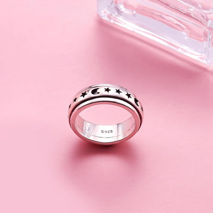 925 Sterling Silver Anxiety Ring for Women Men Platinum Plated Sterling Silver Band Fidget Ring Cross Flower Moon Star Spinner Ring Stress Anxiety Relief Item