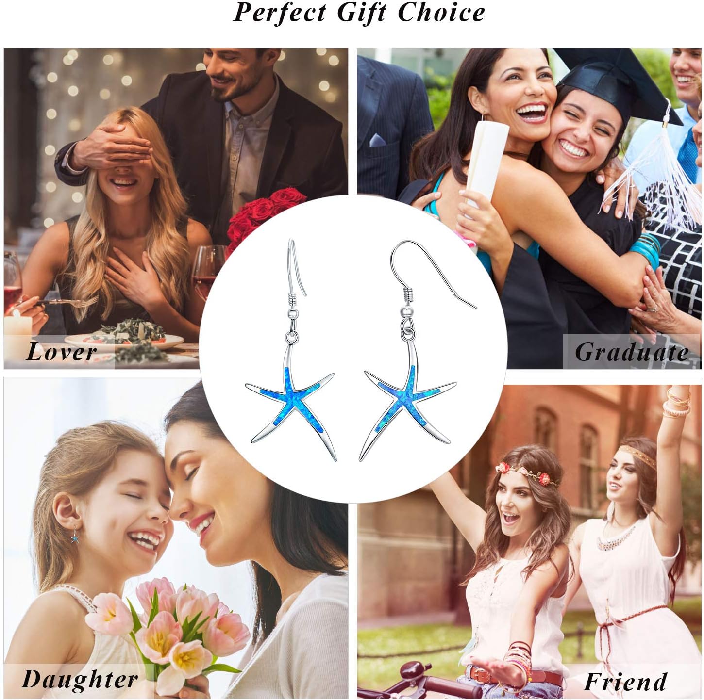 925 Sterling Silver Starfish Earrings with Opal Fish Hoops, Nautical Hawaiian Sea Beach Jewelry for Women and Starfish Lovers