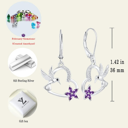 Hummingbird Heart Earrings Sterling Silver Flowers Dangle Drop Earrings Birthstones Leverback Jewelry for Women