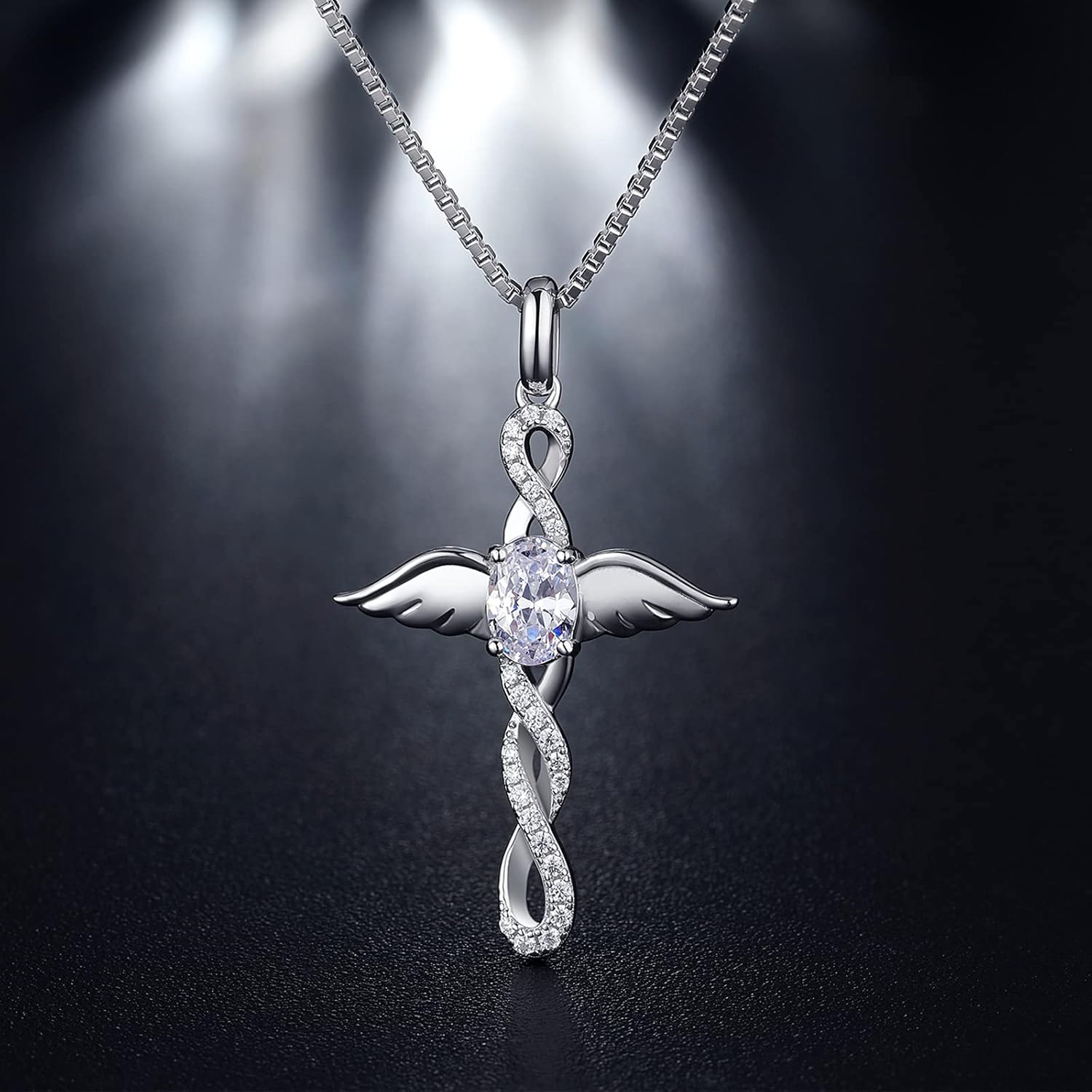 18K White Gold Plated Angel Wing Cross Necklace for Women 925 Sterling Silver Infinity Cross Pendant with Birthstone, Cross Jewelry Gift for Women with Gift Box