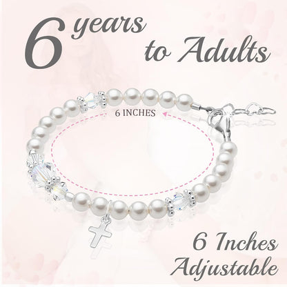 Elegant Sterling Silver Cross Charm Baptism Bracelet - Baptism Gifts for Girl with White Simulated Pearls and European Crystals, Girls Jewelry, Bracelets for Girls