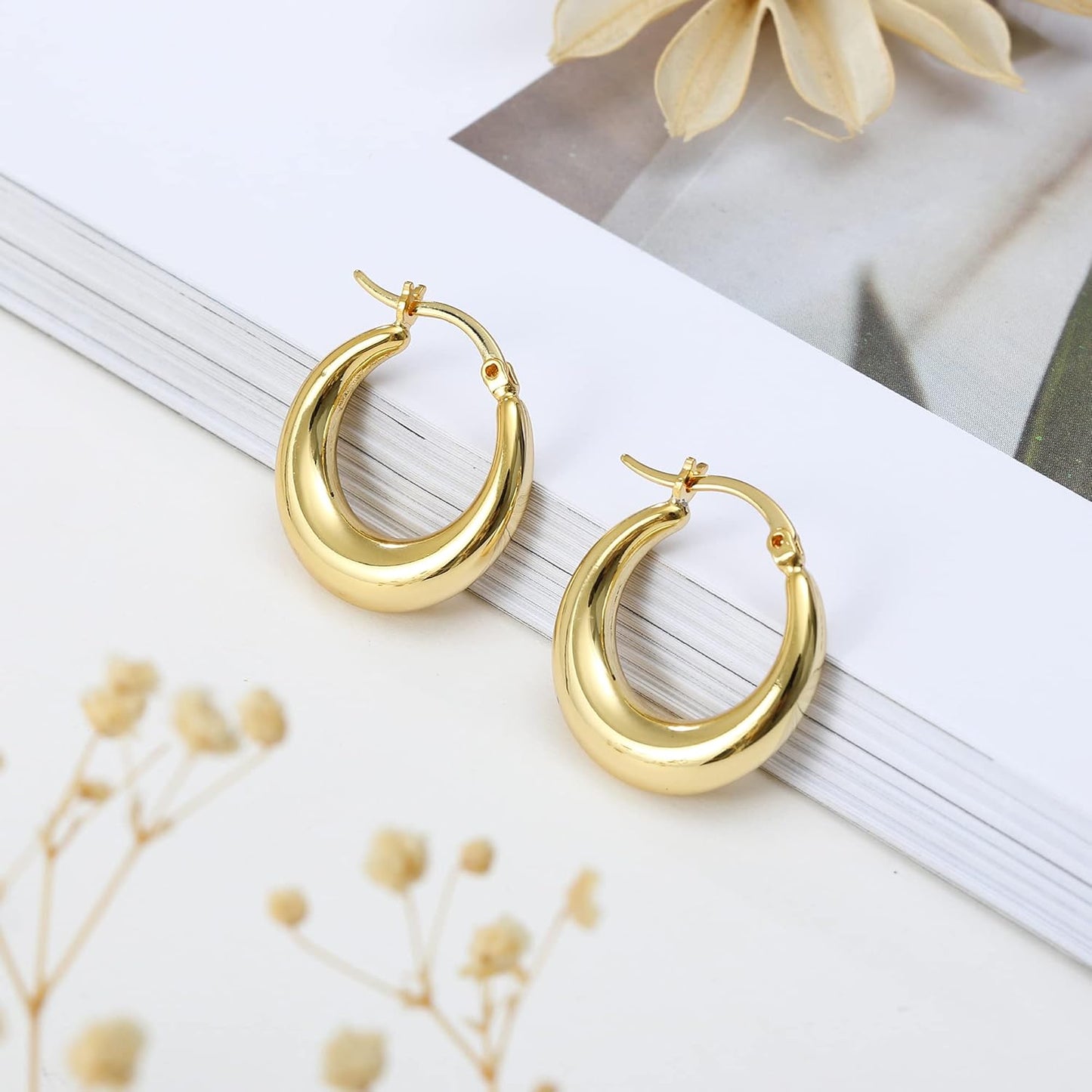 Chunky Gold Hoop Earrings for Women 14K Gold Plated Stainless Steel Thick Hoop Earrings Dainty Cute Hypoallergenic Earrings Minimalist Jewelry