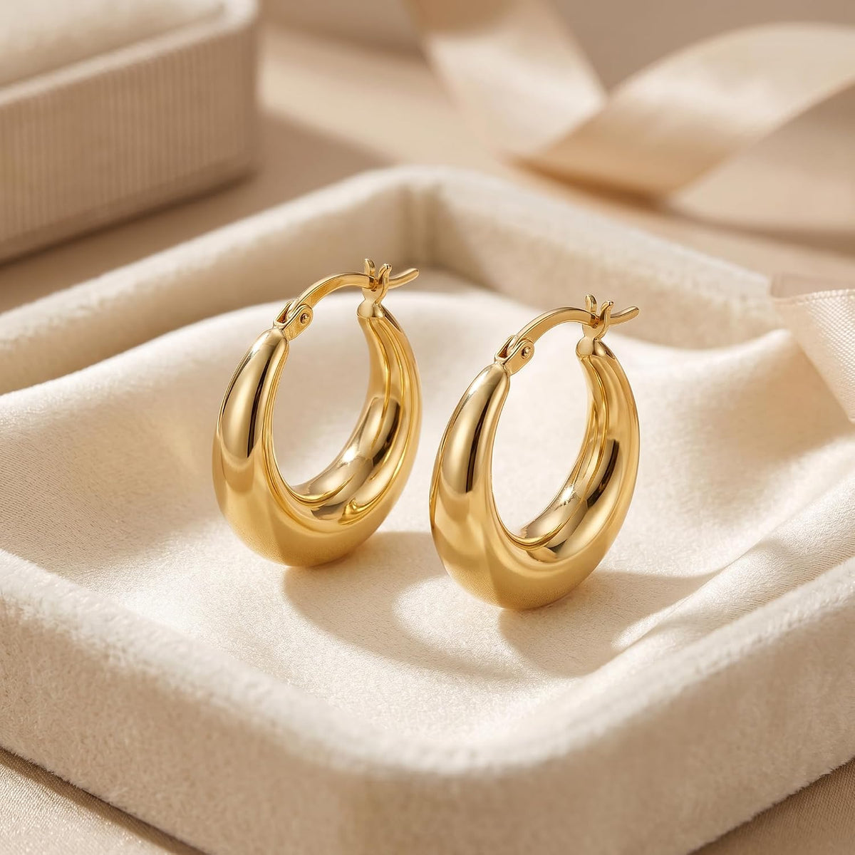 Chunky Gold Hoop Earrings for Women 14K Gold Plated Stainless Steel Thick Hoop Earrings Dainty Cute Hypoallergenic Earrings Minimalist Jewelry