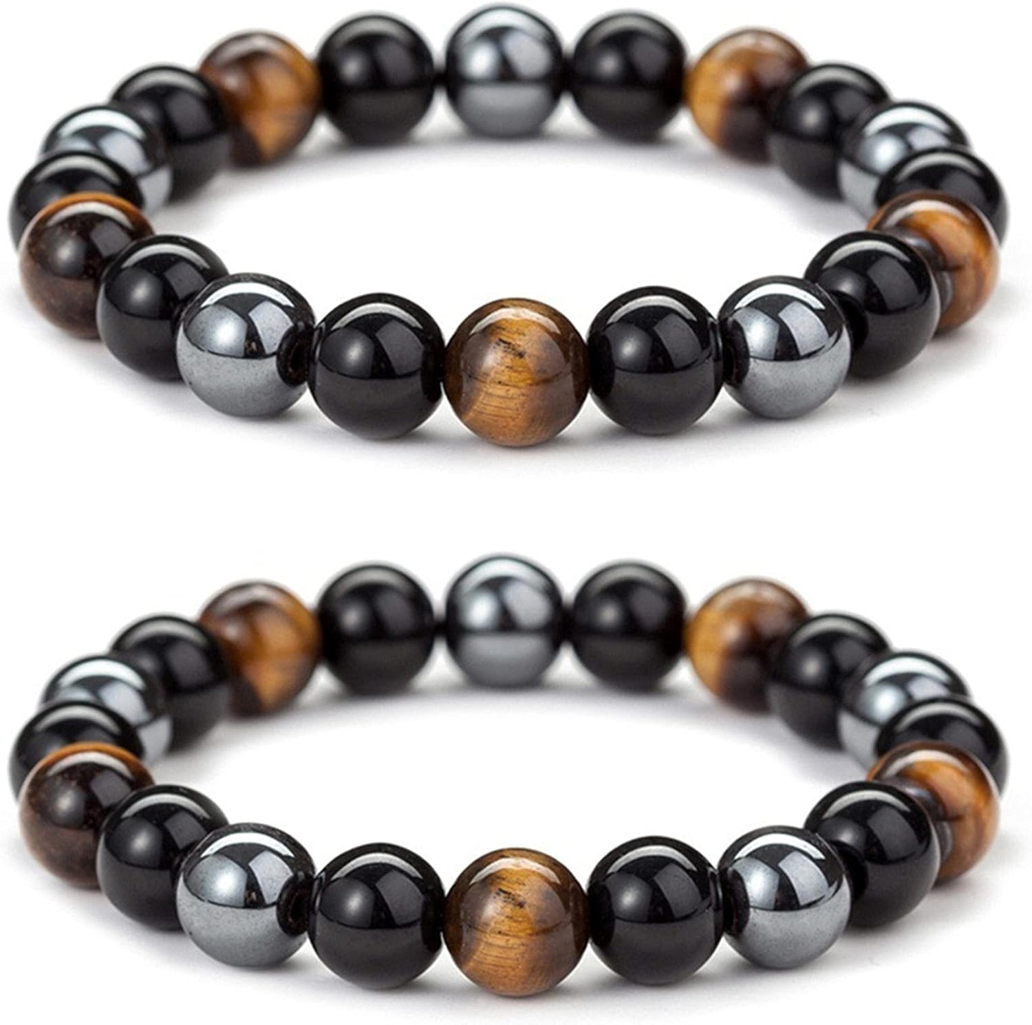 Triple Protection Bracelet for Bring Luck and Prosperity Hematite Black Obsidian Tiger Eye Stone Bracelets for Men Women, Beaded Buddha Healing Rope Uni Bracelet (2Pcs)