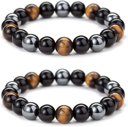 Triple Protection Bracelet for Bring Luck and Prosperity Hematite Black Obsidian Tiger Eye Stone Bracelets for Men Women, Beaded Buddha Healing Rope Uni Bracelet (2Pcs)